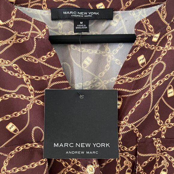 Marc New York Women's Brown Gold Chain Print Button Up Sleeve Blouse Top, Size M - Picture 3 of 11